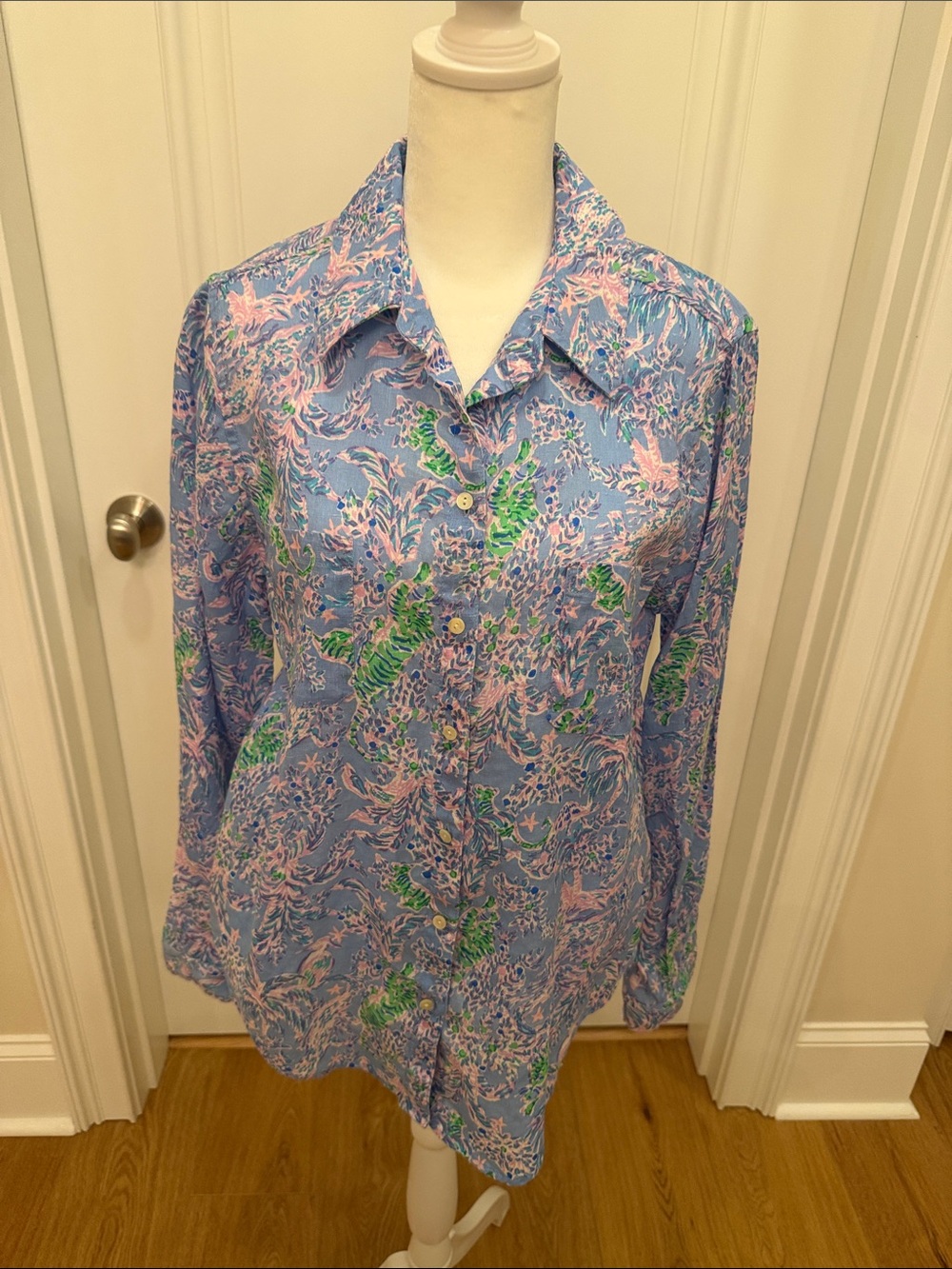 Lilly Pulitzer Seaview Linen Button Down Top in “Blue Peri The Turtle Package “